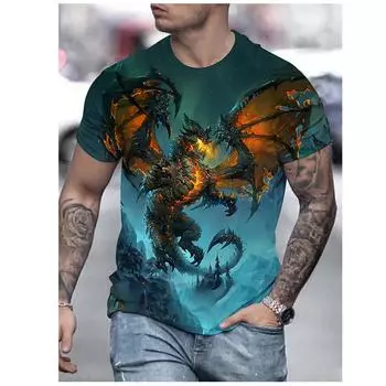 Летняя мужская повседневная футболка с анимированным 3D-принтом дракона для занятий спортом на открытом воздухе, удобная уличная мода с короткими рукавами, топы с круглым вырезом S