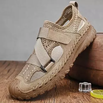 Летняя мужская повседневная обувь, дышащие сандалии ручной работы из сетки 39 чёрный