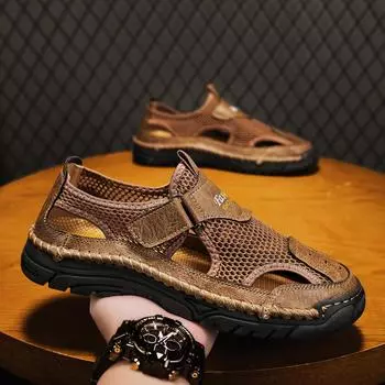 Летняя мужская повседневная обувь Кожаные сандалии Дышащая сетчатая обувь 39 чёрный