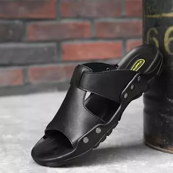 Летняя мужская повседневная обувь, мужские сандалии, черные тапочки, пляжные, крутые, нескользящие, 2024, новые мужские туфли на плоской подошве в стиле ретро, мужские кожаные туфли, большой размер 52 51 чёрный