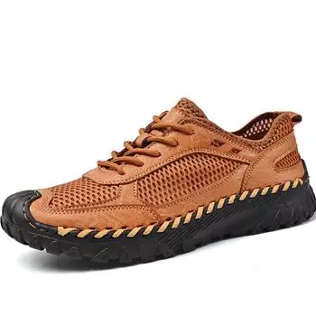 Летняя мужская повседневная обувь, сетчатые кроссовки для отдыха на открытом воздухе, мужские повседневные пляжные сандалии из натуральной кожи в стиле ретро с сеткой 39 коричневый