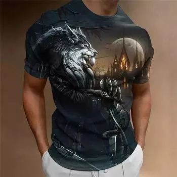 Летняя мужская повседневная одежда для отдыха с принтом в виде зверя и волка, забавная, с 3D-принтом, с круглым воротником, дышащая, большого размера, свободная, с коротким рукавом S