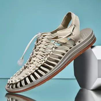 Летняя мужская повседневная пляжная обувь, вязаные сандалии, парные сандалии, римские сандалии, уличная походная обувь большого размера с отверстиями 40 серый