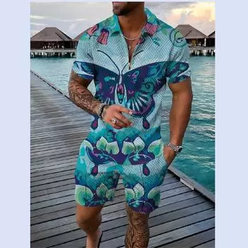 Летняя мужская повседневная рубашка-поло, костюм, уличная мода, трендовая футболка с 3D принтом на молнии и короткими рукавами, шорты, комплект из двух предметов, S-5XL S