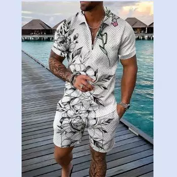 Летняя мужская повседневная рубашка-поло, костюм, уличная мода, трендовая футболка с 3D принтом на молнии и короткими рукавами, шорты, комплект из двух предметов, S-5XL S