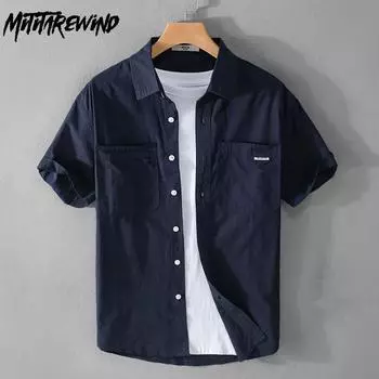 Летняя мужская повседневная рубашка из чистого хлопка с коротким рукавом, воротником-лацканами, однотонная рубашка с двойными карманами, молодежная простая мужская одежда M белый