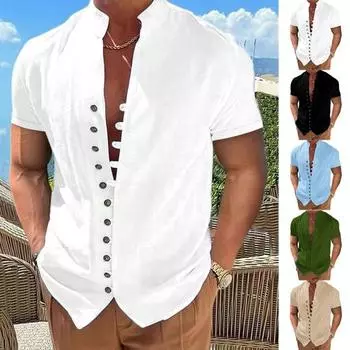 Летняя мужская повседневная рубашка в стиле ретро с воротником-стойкой и коротким рукавом, однобортные свободные топы, однотонная рубашка, уличная одежда L белый