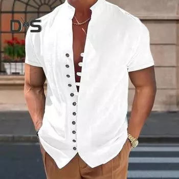 Летняя мужская повседневная рубашка в стиле ретро с воротником-стойкой и коротким рукавом, однобортные свободные топы, однотонная рубашка, уличная одежда L белый