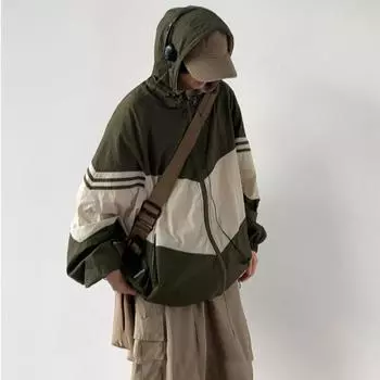 Летняя мужская повседневная свободная солнцезащитная куртка контрастного цвета с капюшоном XXL зелёный