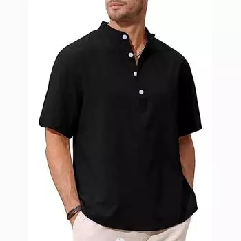 Летняя мужская рубашка больших размеров с однотонным воротником и короткими рукавами, минималистская рубашка-пуловер S чёрный