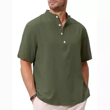 Летняя мужская рубашка больших размеров с короткими рукавами и воротником Генри, однотонная, с минималистским рельефным узором S чёрный