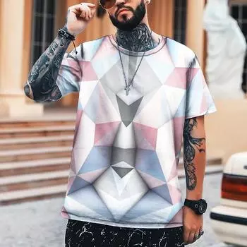 Летняя мужская рубашка Diamond Block Splicing Space Art 3D Футболка с принтом Верхняя футболка с круглым вырезом Повседневная свободная футболка большого размера