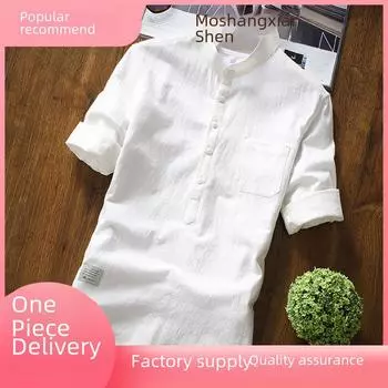 Летняя мужская рубашка из белого льна 2023 года — короткий рукав, красивый тренд 2XL чёрный