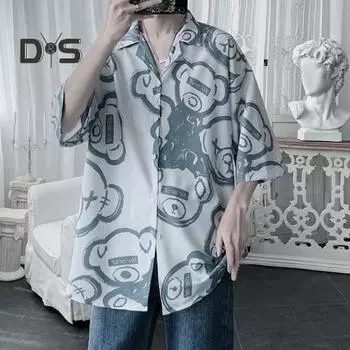 Летняя мужская рубашка из шелка Ice Silk с короткими рукавами, свободная, с принтом, средней длины, на пуговицах, корейский стиль, кардиган для отдыха на пляже M чёрный