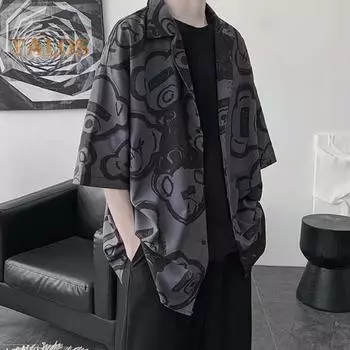 Летняя мужская рубашка из шелка Ice Silk с короткими рукавами, свободная, с принтом, средней длины, на пуговицах, корейский стиль, кардиган для отдыха на пляже M чёрный