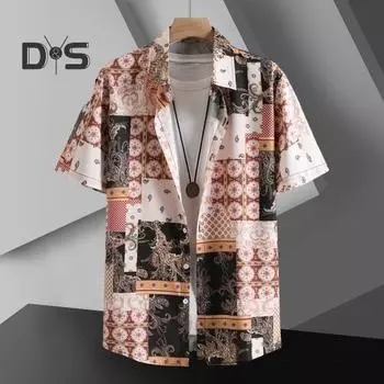 Летняя мужская рубашка Красочный цифровой принт кешью с короткими рукавами Свободный однобортный отложной воротник Быстросохнущий Мягкий дышащий Средняя длина Отпуск S коричневый