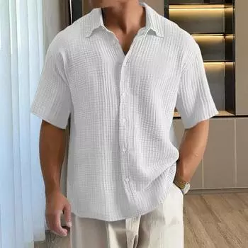 Летняя мужская рубашка на пуговицах с отложным воротником, кардиган с короткими рукавами, свободный кардиган средней длины, повседневная повседневная одежда, офисный деловой топ XXL белый
