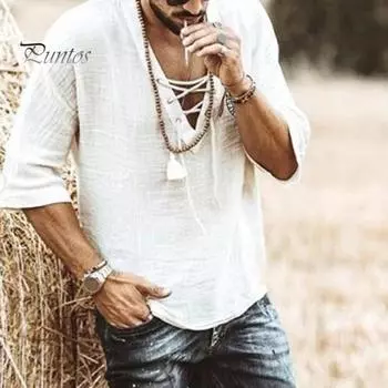 Летняя мужская рубашка на шнуровке с V-образным вырезом и средними рукавами, свободный однотонный пуловер в стиле ретро, повседневная одежда, быстросохнущий тонкий повседневный топ средней длины M чёрный