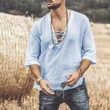 Летняя мужская рубашка на шнуровке с V-образным вырезом и средними рукавами, свободный однотонный пуловер в стиле ретро, повседневная одежда, быстросохнущий тонкий повседневный топ средней длины XL серый