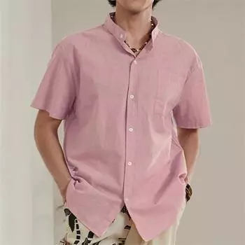 Летняя мужская рубашка оверсайз, молодежная домашняя однотонная рубашка с коротким рукавом и воротником Генри, повседневный мужской топ S белый