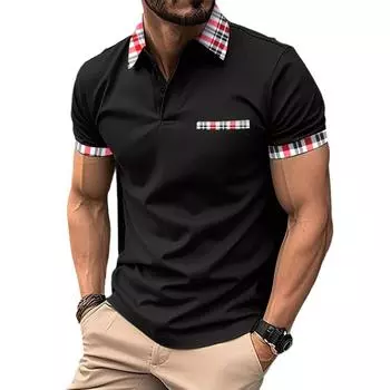 Летняя мужская рубашка поло большого размера в клетку, мужская рубашка поло с коротким рукавом и лацканами S чёрный