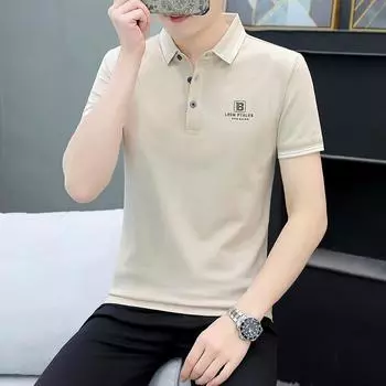 Летняя мужская рубашка-поло из тонкого ледяного шелка с короткими рукавами и лацканами M