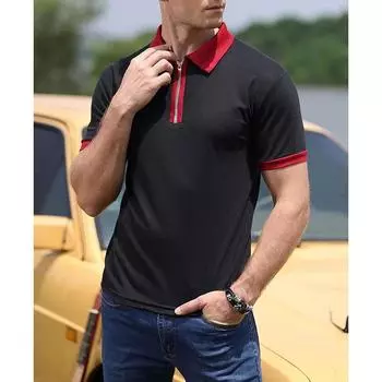 Летняя мужская рубашка поло контрастного цвета с отложным воротником и застежкой-молнией на половину длины, дышащие топы с коротким рукавом, мужские повседневные футболки M чёрный