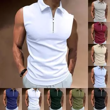 Летняя мужская рубашка-поло на молнии больших размеров, однотонная футболка без рукавов с лацканами, повседневная рубашка-поло S чёрный