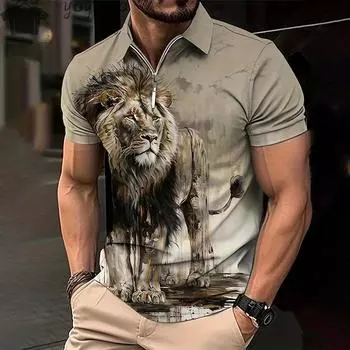 Летняя мужская рубашка поло с принтом животных 3D Simple Lapel Мужские рубашки с коротким рукавом и принтом льва Повседневная мужская одежда Топы S
