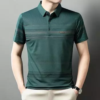 Летняя мужская рубашка-поло среднего возраста, футболка с короткими рукавами, деловая повседневная одежда для папы, полосатая футболка с половиной рукавов для мужчин M чёрный