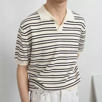 Летняя мужская рубашка-поло в полоску из ледяного шелка с v-образным вырезом, модная и простая модная мужская футболка с короткими рукавами с лацканами XXXL белый