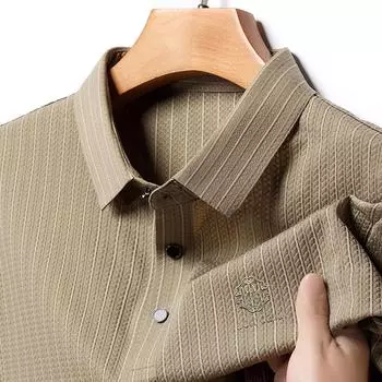 Летняя мужская рубашка-поло в вертикальную полоску с короткими рукавами, деловая повседневная эластичная дышащая рубашка с лацканами и половиной рукава с принтом M