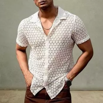 Летняя мужская рубашка Полый прозрачный кружевной цветочный узор с отложным воротником с короткими рукавами Однобортный кардиган средней длины Пляжный топ для отдыха S белый