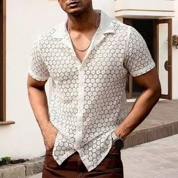 Летняя мужская рубашка Полый прозрачный кружевной цветочный узор с отложным воротником с короткими рукавами Однобортный кардиган средней длины Пляжный топ для отдыха S белый