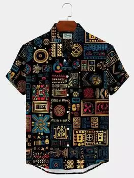 Летняя мужская рубашка с 3D-печатным геометрическим рисунком, повседневные гавайские рубашки, рубашки с коротким рукавом и застежкой на пуговицы S