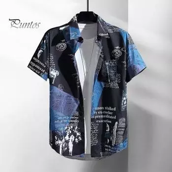 Летняя мужская рубашка с буквенным принтом из ледяного шелка с короткими рукавами в тропическом стиле Гавайи Свободный однобортный отложной воротник Быстросохнущий Мягкий дышащий средний XL чёрный