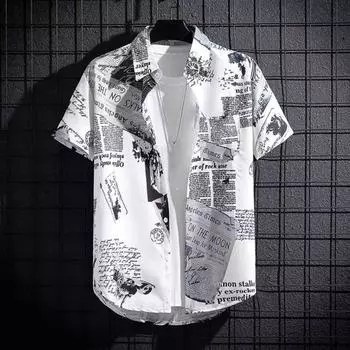 Летняя мужская рубашка с буквенным принтом из ледяного шелка с короткими рукавами в тропическом стиле, однобортный отложной воротник, быстросохнущий мягкий дышащий топ средней длины XL чёрный