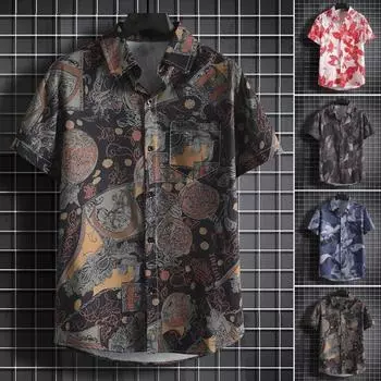 Летняя мужская рубашка с цветочным принтом и короткими рукавами в тропическом стиле Гавайи Свободный однобортный отложной воротник больших размеров Быстросохнущий пляжный топ средней длины 2XL красный