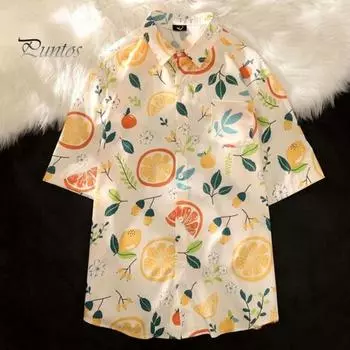 Летняя мужская рубашка с цветочным принтом и короткими рукавами в тропическом стиле, Гавайи, свободный однобортный отложной воротник, быстросохнущий пляжный топ средней длины для отпуска L светло-синий