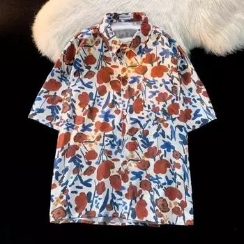 Летняя мужская рубашка с цветочным принтом и короткими рукавами в тропическом стиле, Гавайи, свободный однобортный отложной воротник, быстросохнущий пляжный топ средней длины для отпуска L светло-синий
