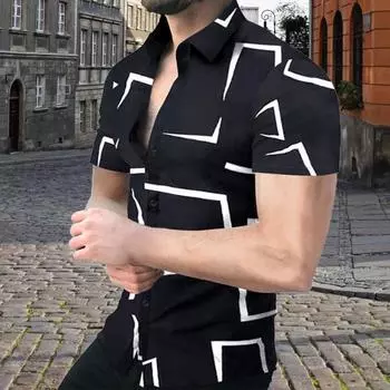 Летняя мужская рубашка с геометрическим принтом, однобортная, с короткими рукавами, приталенный топ, отложной воротник S темно-синий