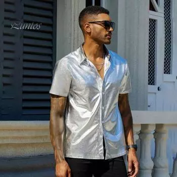 Летняя мужская рубашка с глянцевой поверхностью и отложным воротником, однобортная с короткими рукавами, свободный однотонный топ для вечеринки, ночного клуба, танцевальной уличной одежды S серебряный