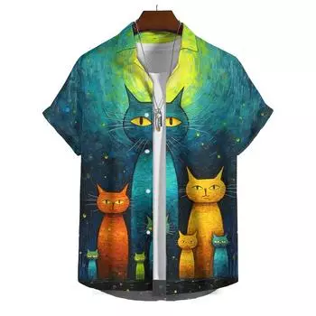 Летняя мужская рубашка с коротким рукавом с принтом, масляная живопись, звездное небо, мультяшный принт с кошкой, уличные повседневные свободные топы РАЗМЕР S-5XL S