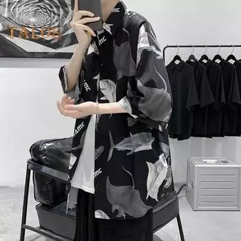 Летняя мужская рубашка с короткими рукавами и принтом акулы, однобортные пуговицы, свободный кардиган с тонким отложным воротником, уличная одежда, пляжный топ средней длины для отпуска M белый