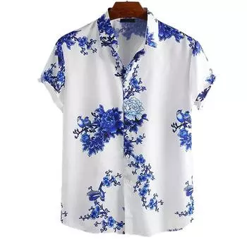 Летняя мужская рубашка с короткими рукавами и воротником, повседневная, с рисунком тушью и цветком сливы S серый