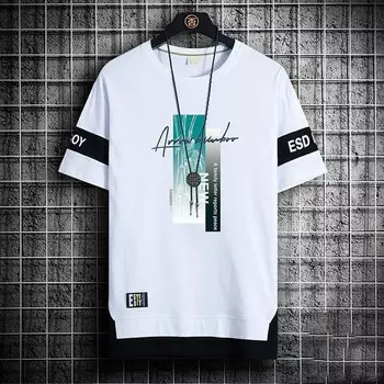 Летняя мужская рубашка с круглым вырезом и короткими рукавами, модная повседневная универсальная мужская рубашка с принтом, мужская свободная спортивная футболка M чёрный