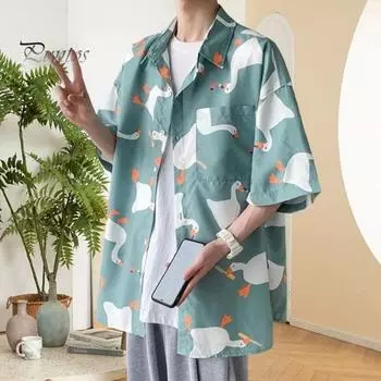 Летняя мужская рубашка с мультяшным животным принтом, половина рукава, Гавайи, свободный однобортный отложной воротник, быстросохнущая, мягкая, дышащая, средней длины, для отдыха, пляжа XL серый