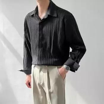 Летняя мужская рубашка с отложным воротником и длинными рукавами, плиссированные однобортные свободные однотонные кардиганы с пуговицами, тонкая деловая офисная одежда, повседневный повседневный топ M белый