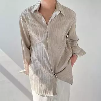Летняя мужская рубашка с отложным воротником и длинными рукавами, плиссированные однобортные свободные однотонные кардиганы с пуговицами, тонкая деловая офисная одежда, повседневный повседневный топ M белый