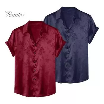 Летняя мужская рубашка с отложным воротником, однобортная, с коротким рукавом, свободная, однотонная, атласная, на пуговицах с аппликацией, повседневная одежда, топ средней длины M темно-синий